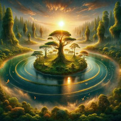The primary subject of the image is a beautifully illustrated scene of a tree island surrounded by a lake. The island is located in the middle of the lake, and the tree is situated in the center of the island. The setting is a serene and picturesque environment, with the sun shining brightly in the sky. The visual style of the image is a combination of digital art and illustration, creating a vibrant and captivating scene. The colors and mood of the image are predominantly warm and inviting,